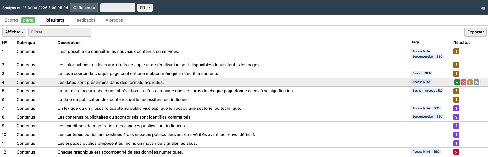 Onglet Résultats d'une analyse : score de 7,8 sur 10, puis la liste des règles avec leur rubrique, leurs tags (Accessibilité, SEO, Écoconception…) et un verdict pour chacune.