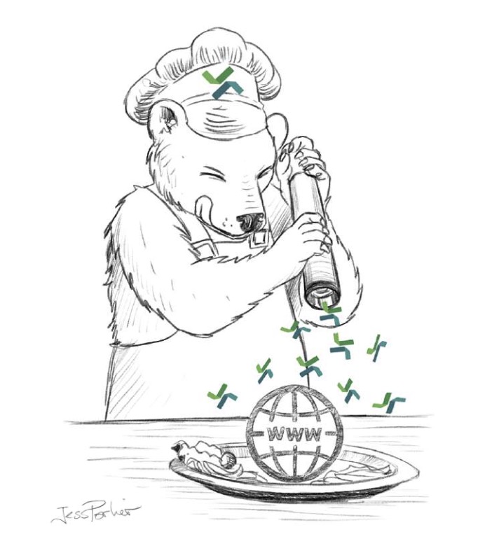 Illustration d’un ours chef cuisinier saupoudrant le web des règles d’assurance qualité web