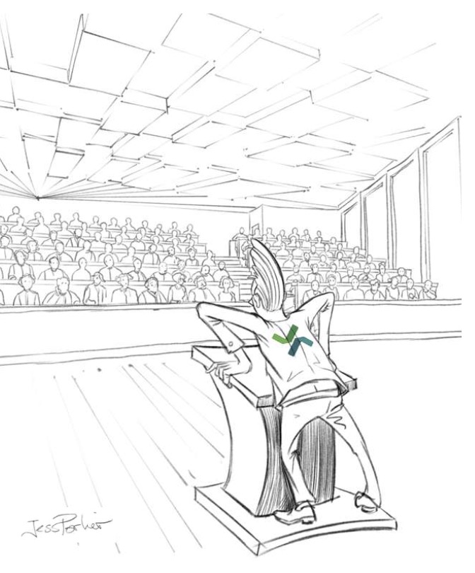 Illustration d’un amphithéâtre rempli des professionnels en train de suivre une formation à l’assurance qualité web