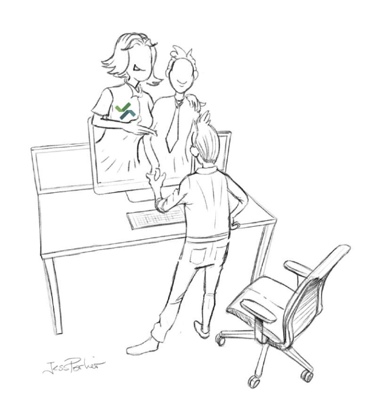 Illustration d’une femme qui représente l’assurance qualité web, présentant un prestataire à son client en souriant
