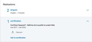 Capture d'un profil linkedin, 2 lancgues FR-EN et certification Opquast