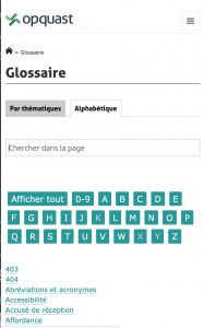Ecran glossaire avec 2 onglets et un champ de recherche libre