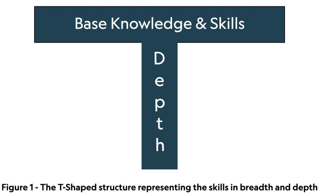 Figure 1. Image of a T illustrating the breadth of knowledge and skills on the horizontal and the depth of skills on the vertical of the T