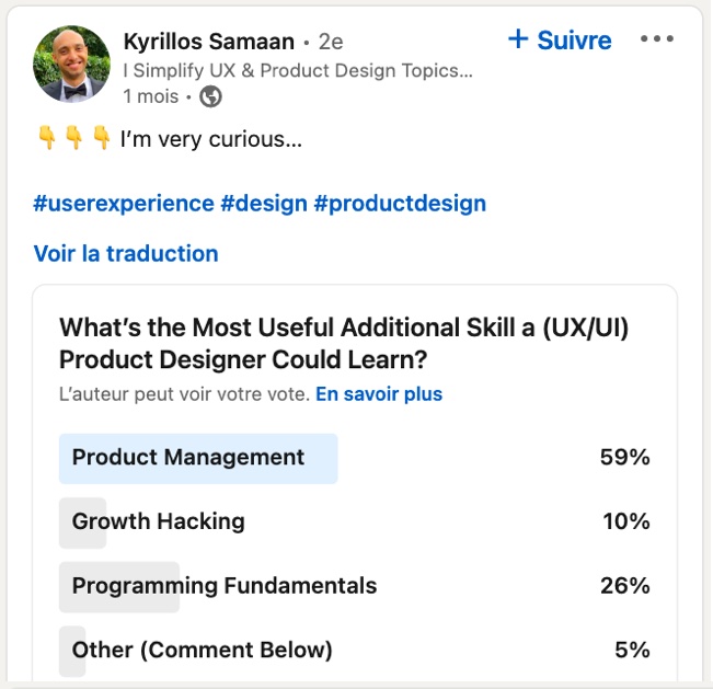 image of LinkedIn poll results, out of 435 votes 59% said product management, 10% said growth hacking, 26% said programming fundamentals, 5% other which saw comments like communication and management skills. 