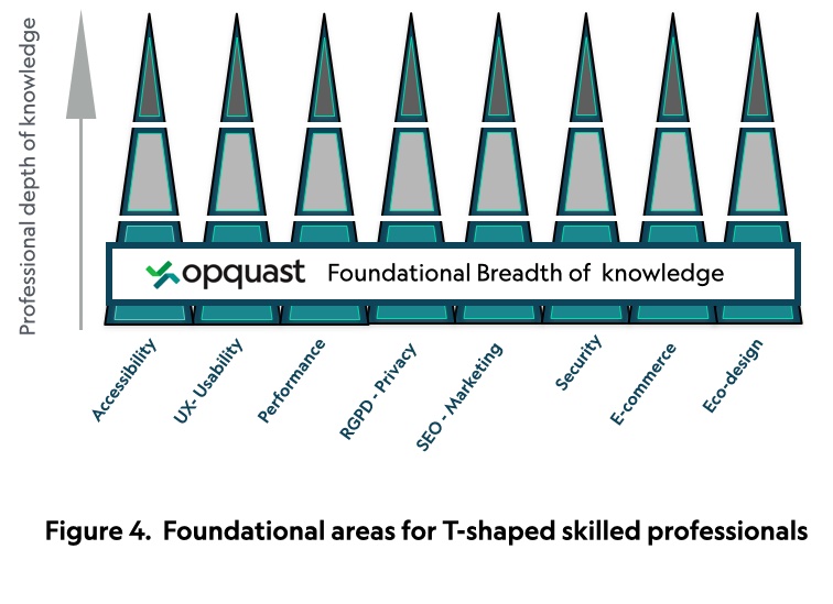 The illustrations shows  eight pyramids represented 8 web knowledge areas sat upon an X-axis graph, each pyramid is divided into three septerate colours which illustrate the levels of expertise in each area; the colours change as you progress up the the Y-axis. The first base colour represents the foundational level of skills that Opquast covers then notional bands in two other colours represent the progression in expertise in each skill which is outside of the Opquast training. The eight areas being left to right:Accessibility,  UX-Usability, Performance, RGPD - Privacy, SEO-Marketing, Security, E-commerce, and finally Eco-design