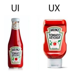 two ketchup bottles, one glass with the top opening, the other plastic with the bottom opening. Above the glass one UI, above the plastic one UX