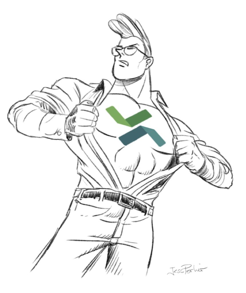 Un super-heros avec le logo Opquast sur le torse