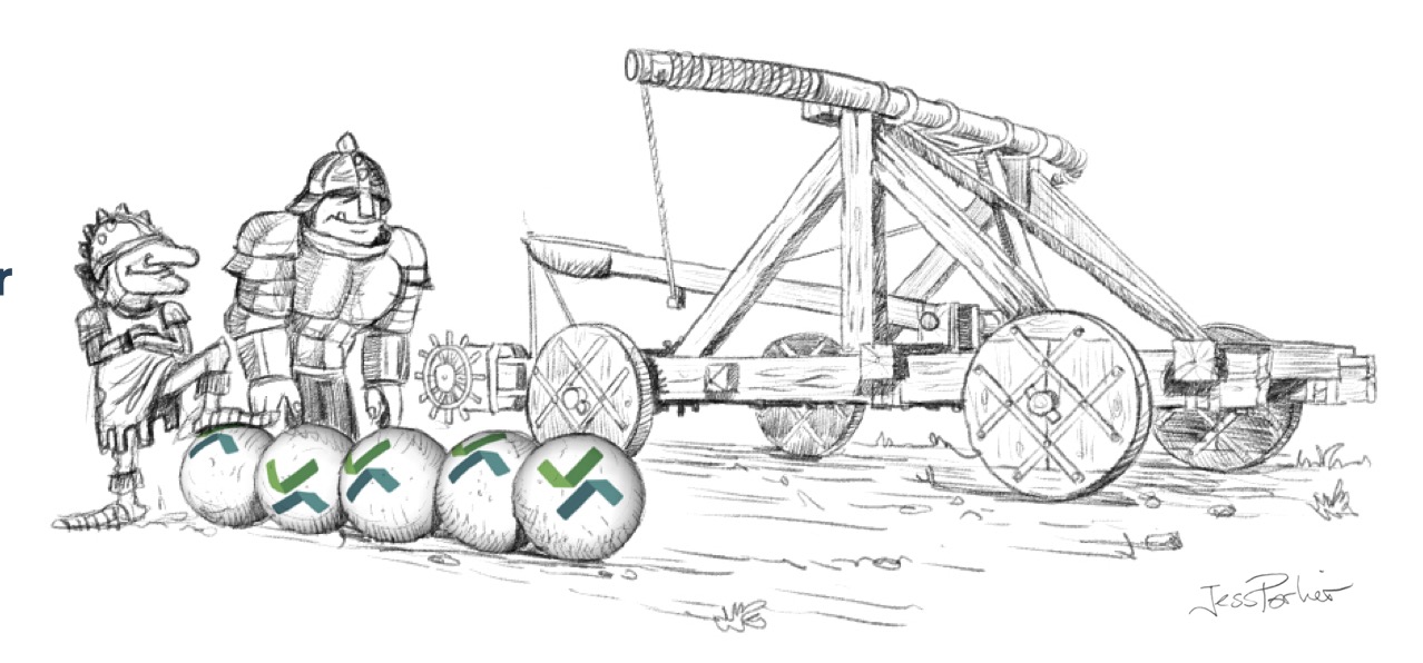 Deux soldats du moyen-âge sont à côté d'une catapulte ils ont des boulets Opquast