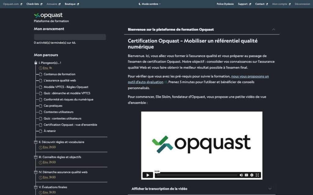 La plateforme de formation Opquast : parcours, vidéo d'introduction et guide de certification