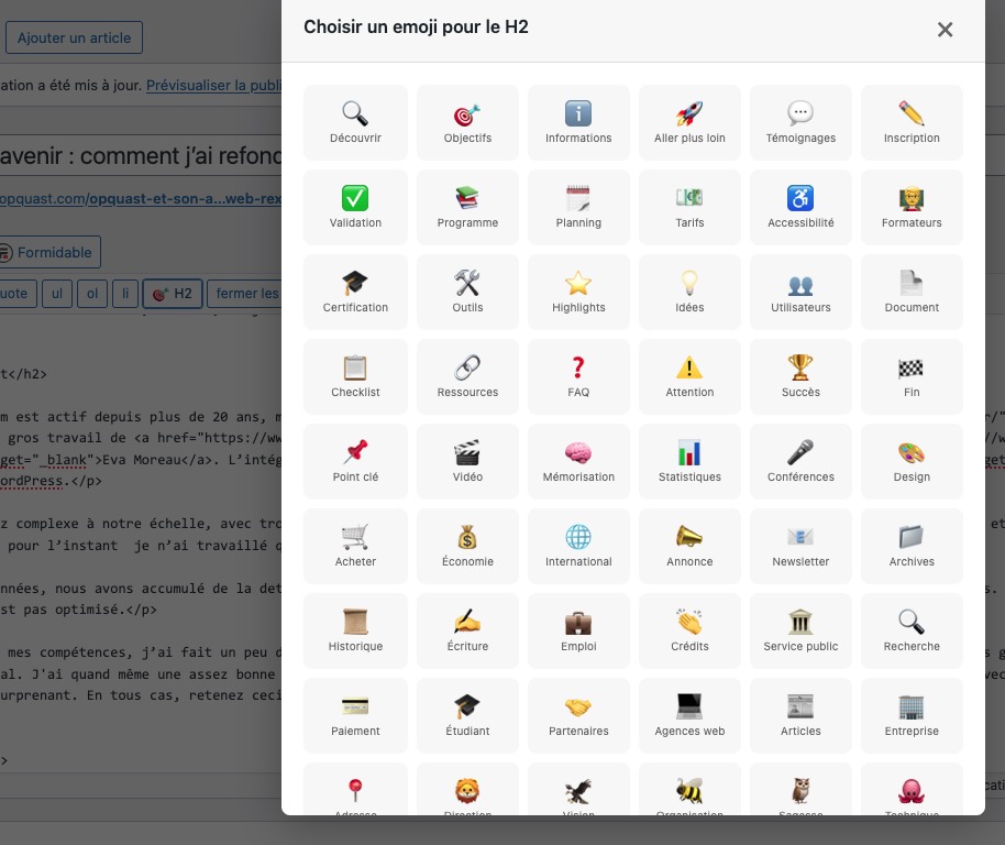 Capture du sélecteur d'emoji dans l'admin WordPress