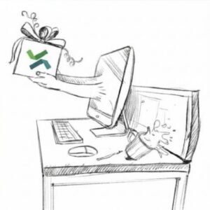 Dessin de mains sortant d'un écran d'ordinateur et offrant un cadeau