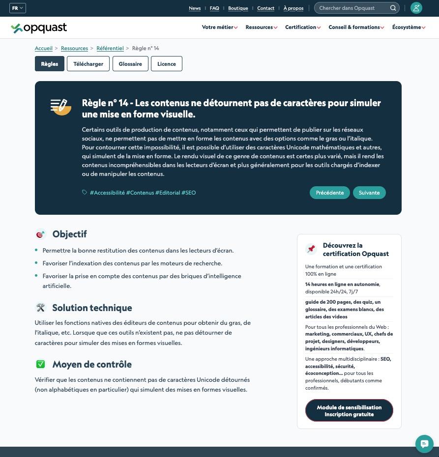 Capture d'un critère Règle n° 14 - Les contenus ne détournent pas de caractères pour simuler une mise en forme visuelle.