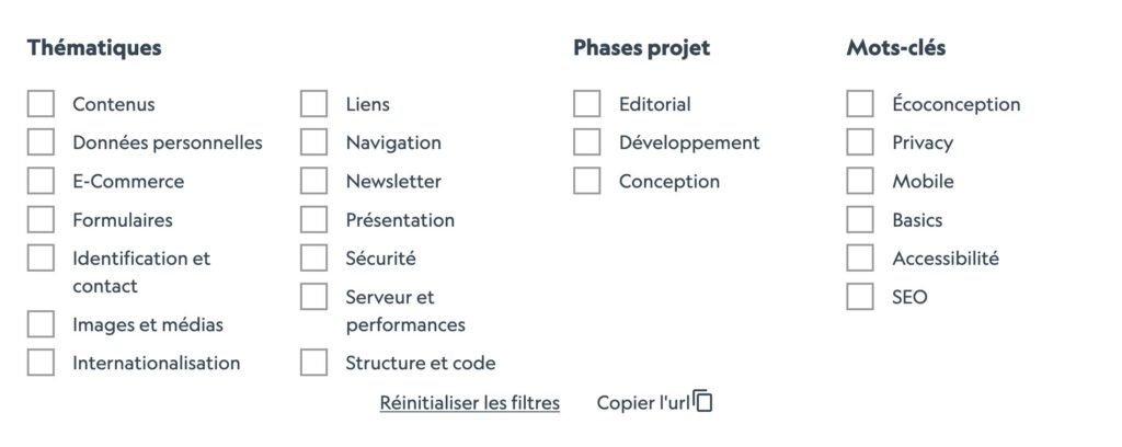 Filtres affichés sur la page d'accueil de checklists.opquast.com
