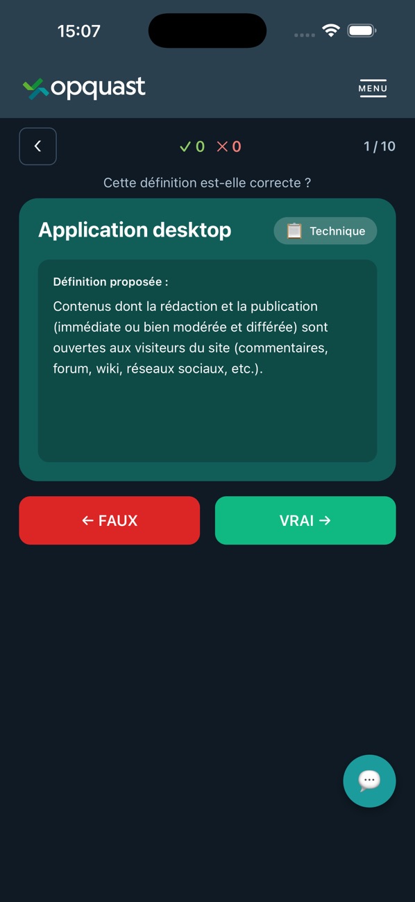 Jeu Vrai ou Faux : une définition est proposée pour le terme Application desktop.
