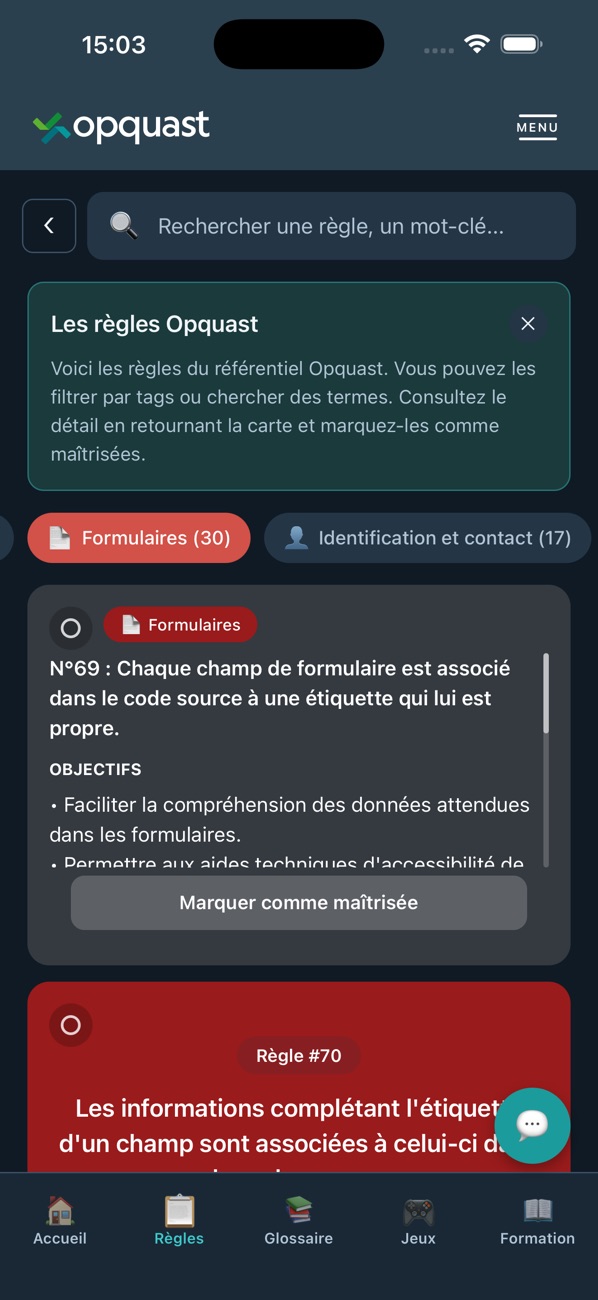 Fiche de la règle 69 sur les étiquettes de formulaire, avec ses objectifs et un bouton Marquer comme maîtrisée.